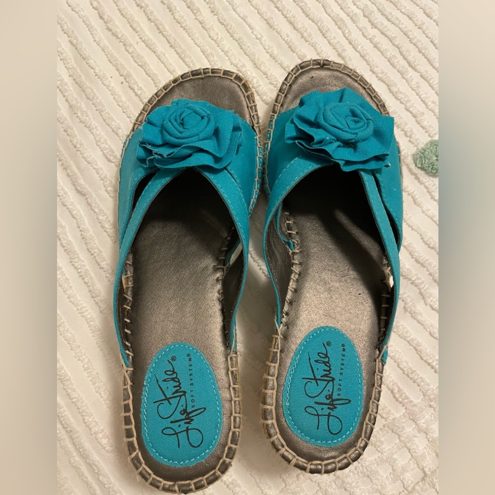 EUC Life Stride Teal Blue Wedge Espadrille Sandals Sz 8M - Picture 6 of 8